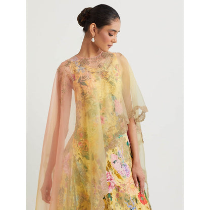 KAVITA BHARTIA Cape with Floral Dress in Yellow (Set of 2)