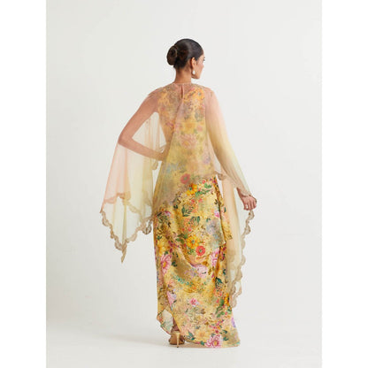 KAVITA BHARTIA Cape with Floral Dress in Yellow (Set of 2)