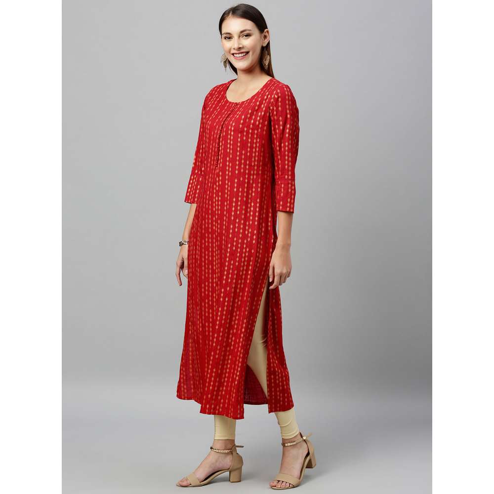 Kipek Womens Printed Rayon Slub Fabric Straight Kurta Red Color