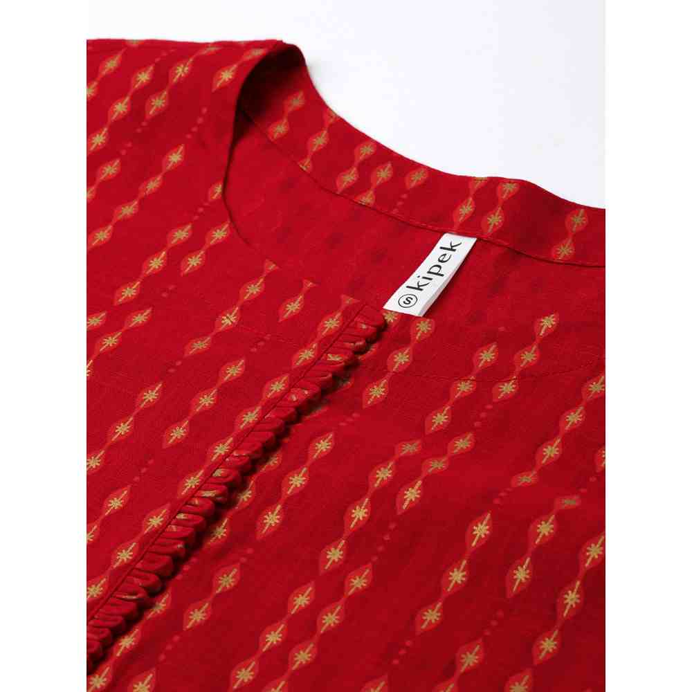 Kipek Womens Printed Rayon Slub Fabric Straight Kurta Red Color