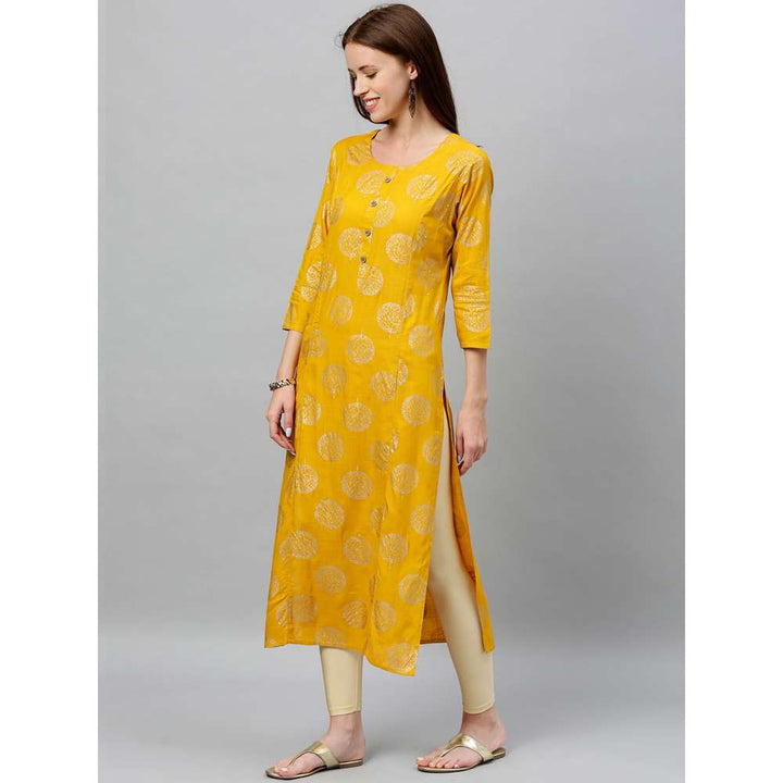 Kipek Womens Golden Foral Printed Rayon Slub Fabric Straight Kurta Mustard Color