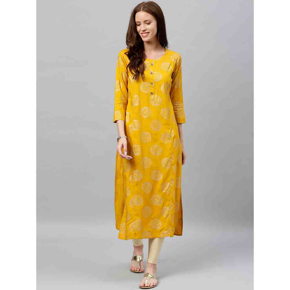 Kipek Womens Golden Foral Printed Rayon Slub Fabric Straight Kurta Mustard Color