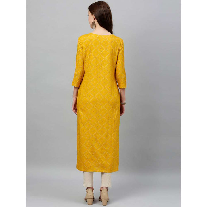 Kipek Womens Bandhani Printed Rayon Slub Fabric Straight Kurta Mustard Color