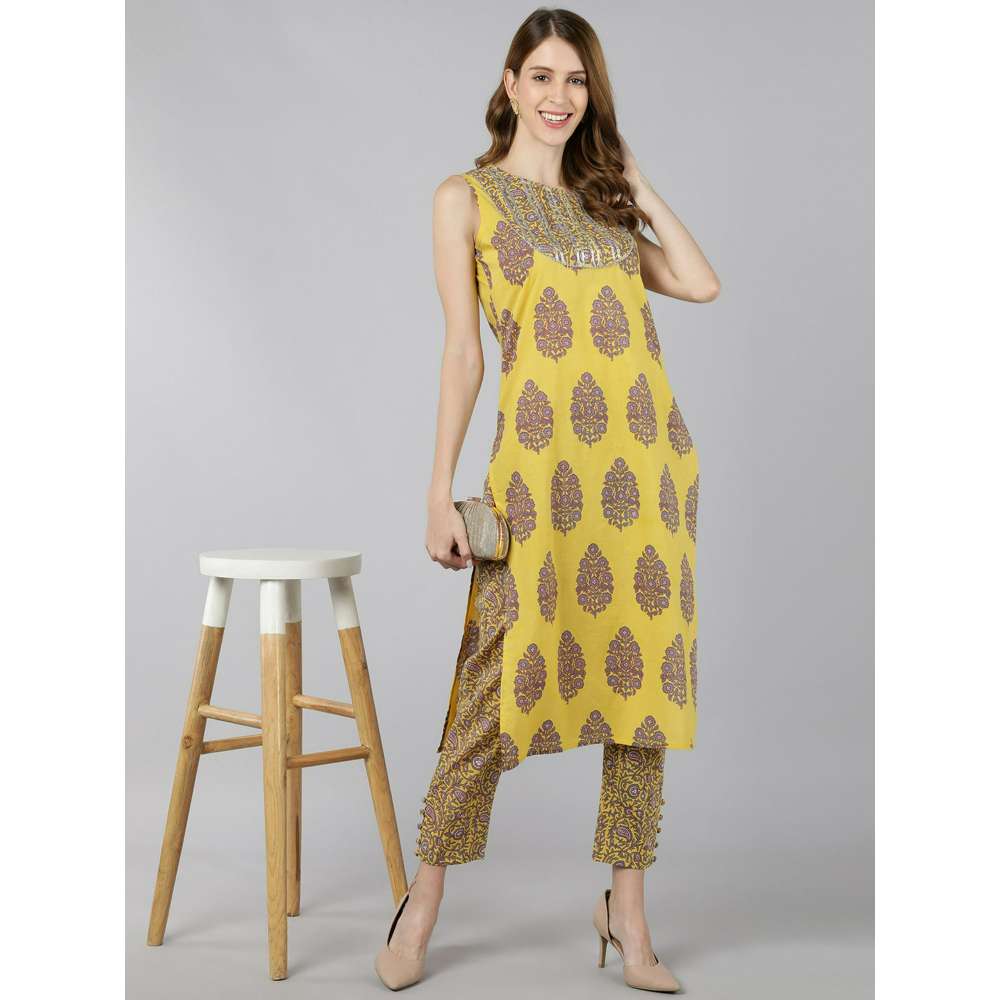 Kipek Womens Cotton Block Print Straight Kurta Pant Lemon Yellow (Set of 2)