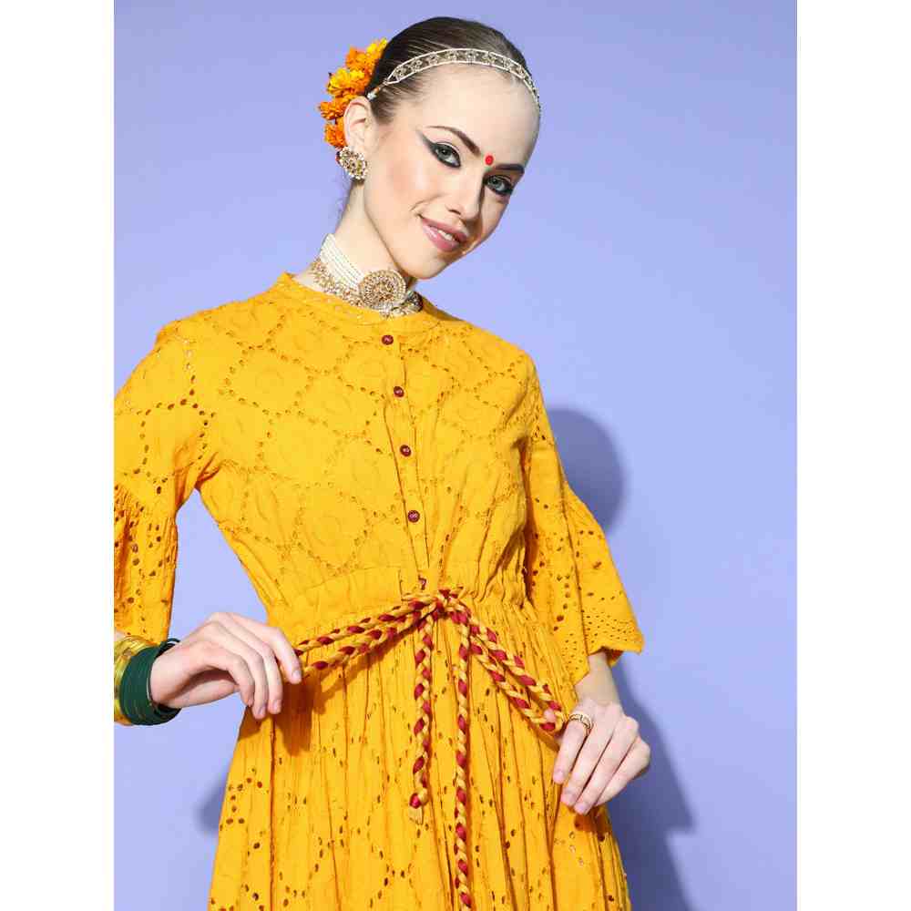 Kipek Womens Cotton Sifli Schiffli Flared Dress Mustard