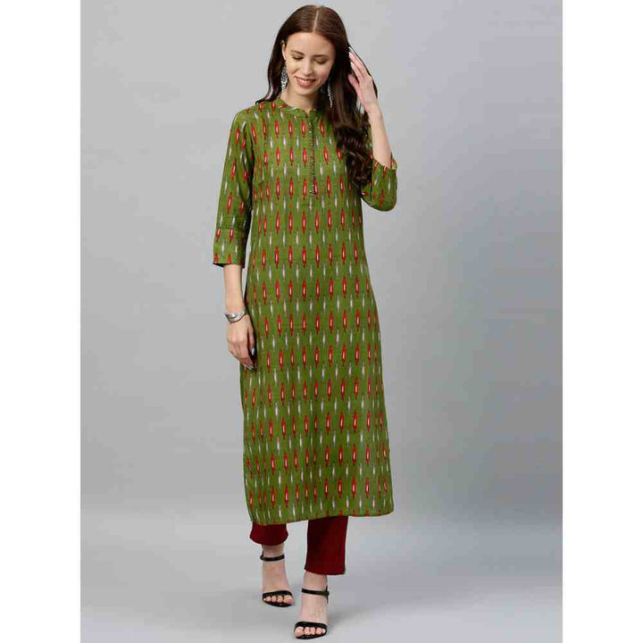 Kipek Women Rayon Ikat Printed Straight Kurta Green