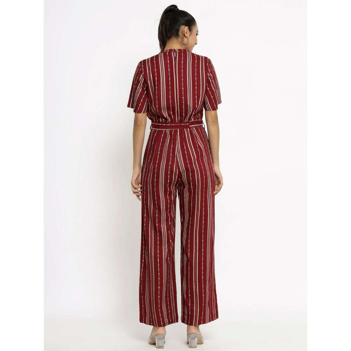 Kipek Women Rayon Stripe Printed Straight Jumpsuit with Belt Maroon (Set of 2)