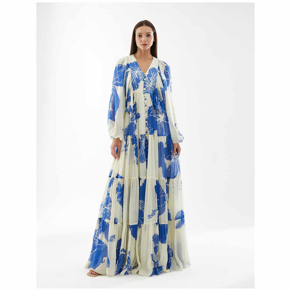 KoAi White and Blue Floral Balloon Sleeve Dress