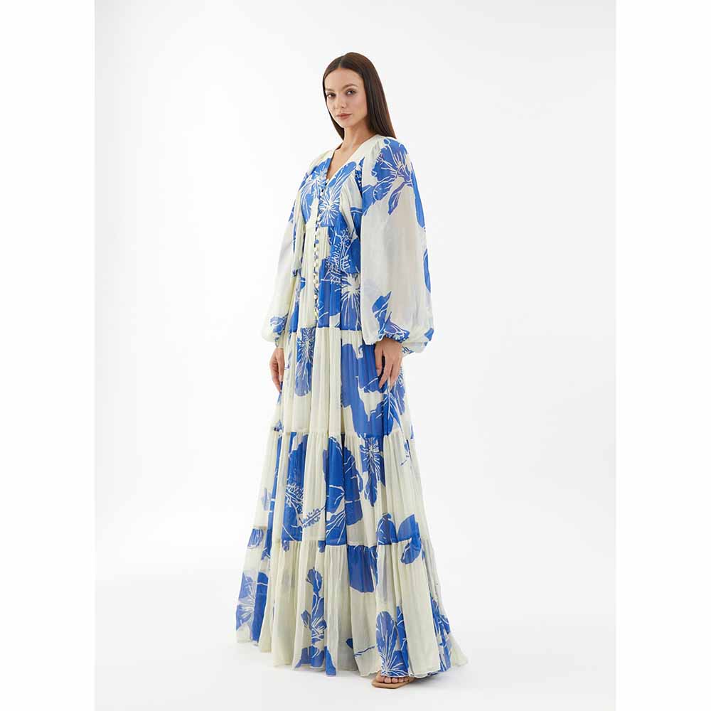 KoAi White and Blue Floral Balloon Sleeve Dress