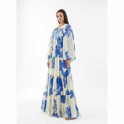 KoAi White and Blue Floral Balloon Sleeve Dress