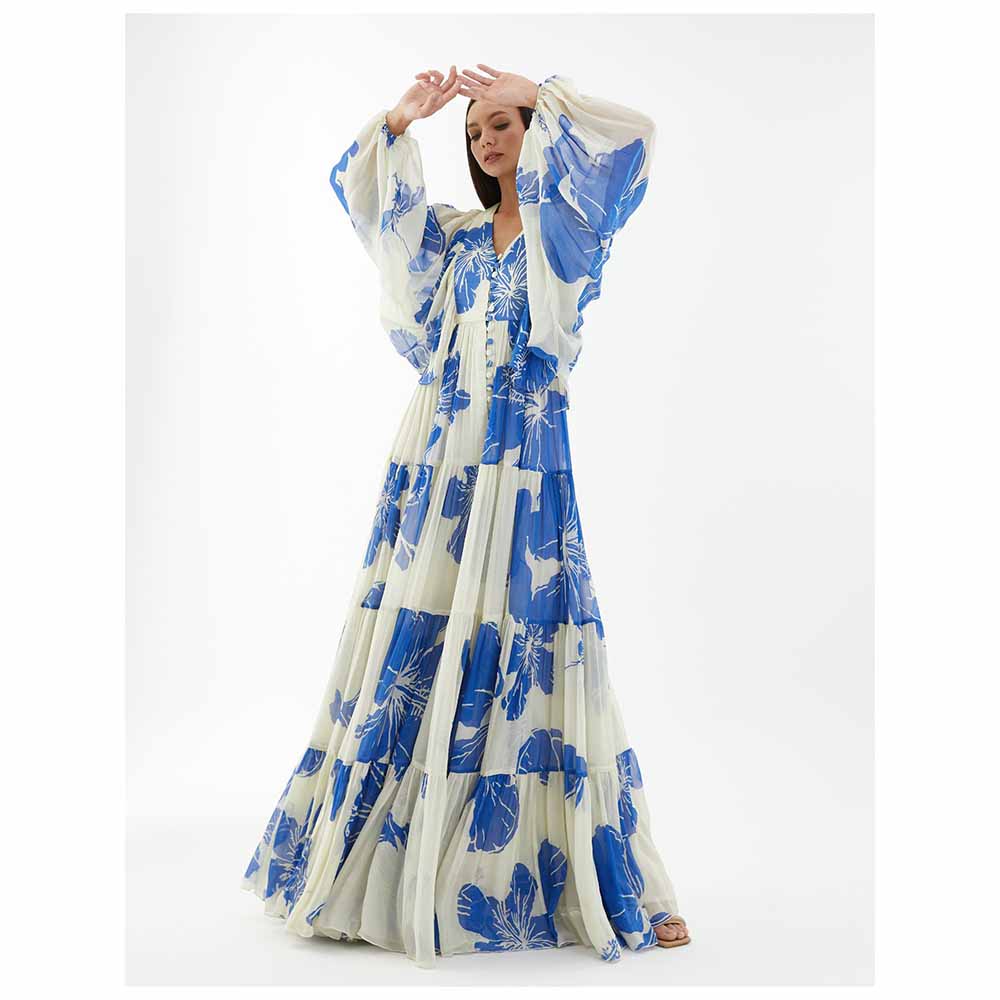 KoAi White and Blue Floral Balloon Sleeve Dress