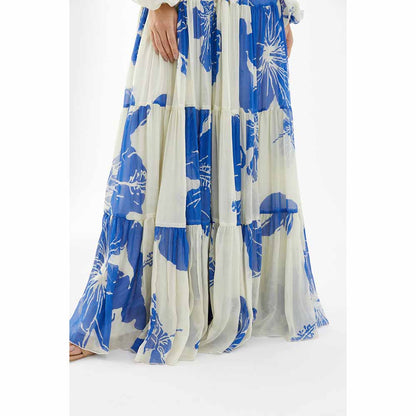 KoAi White and Blue Floral Balloon Sleeve Dress