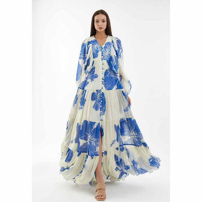 KoAi White and Blue Floral Balloon Sleeve Dress