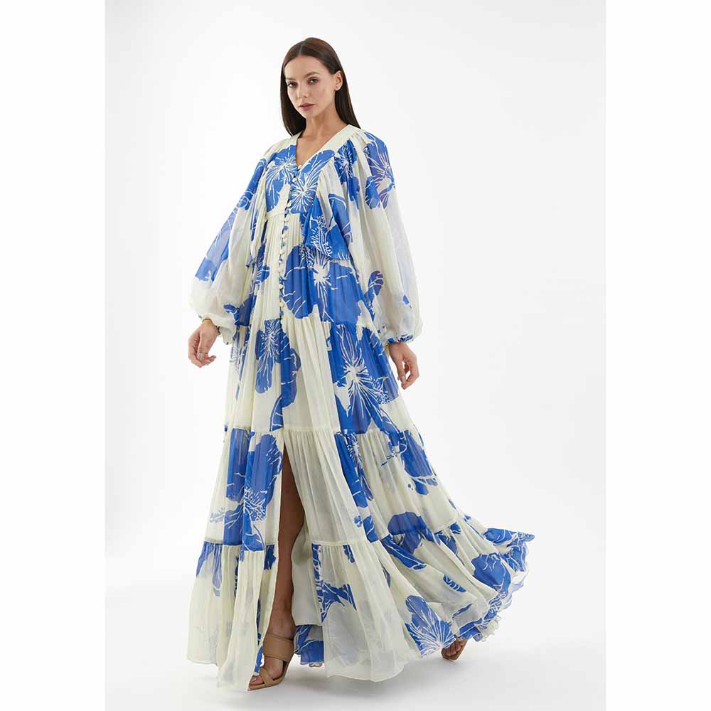 KoAi White and Blue Floral Balloon Sleeve Dress