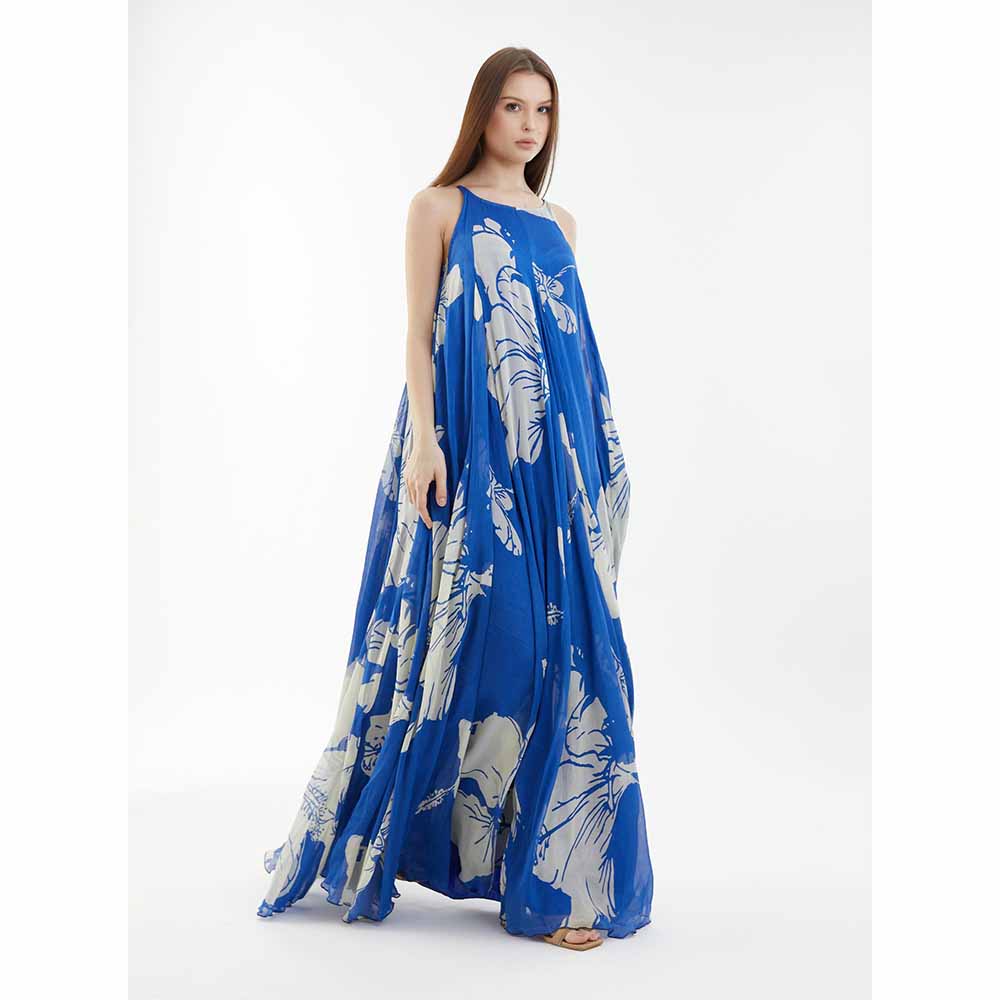 KoAi Blue and White Floral Sleeveless Long Dress