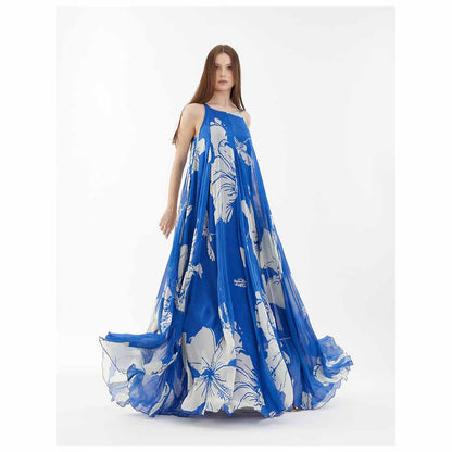 KoAi Blue and White Floral Sleeveless Long Dress