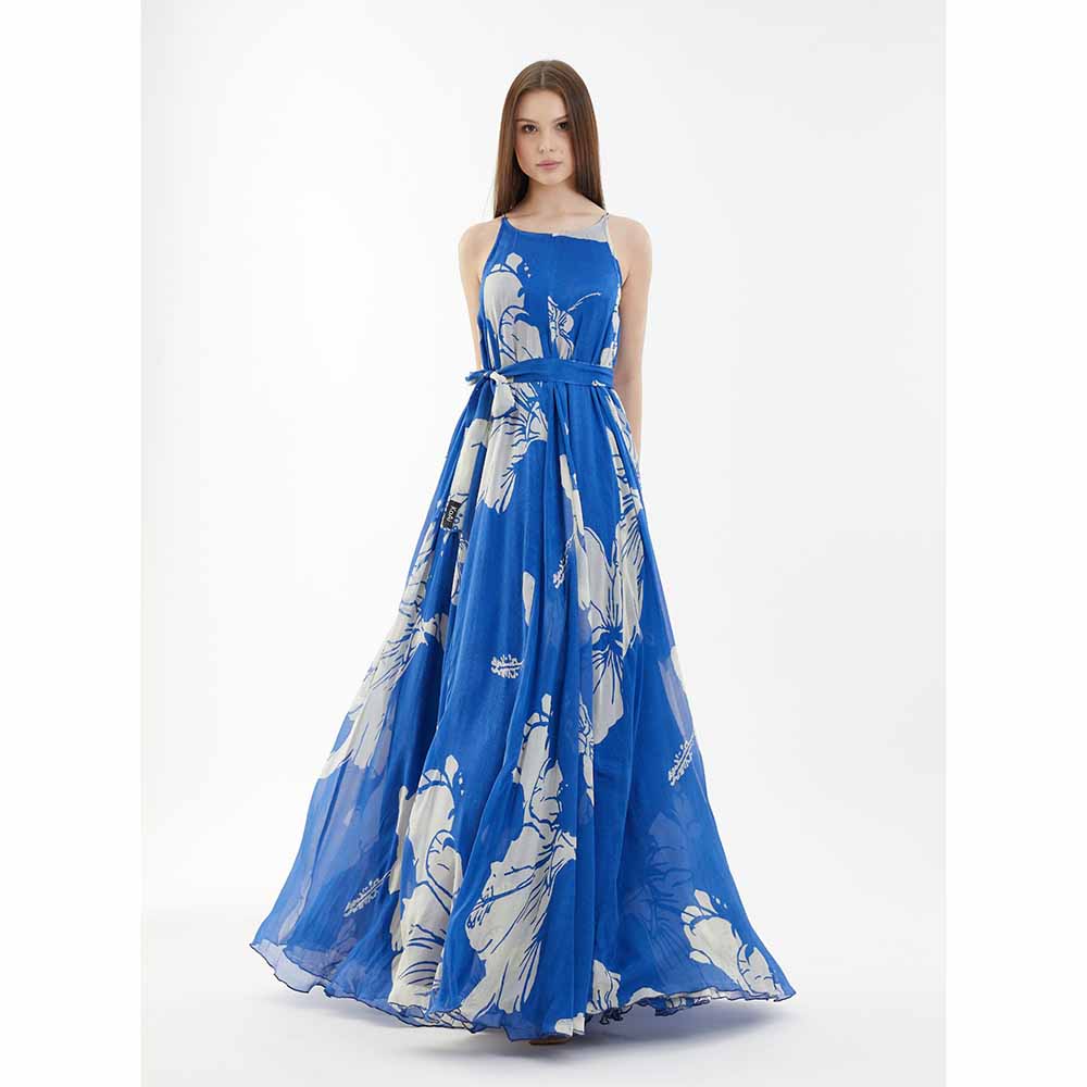 KoAi Blue and White Floral Sleeveless Long Dress