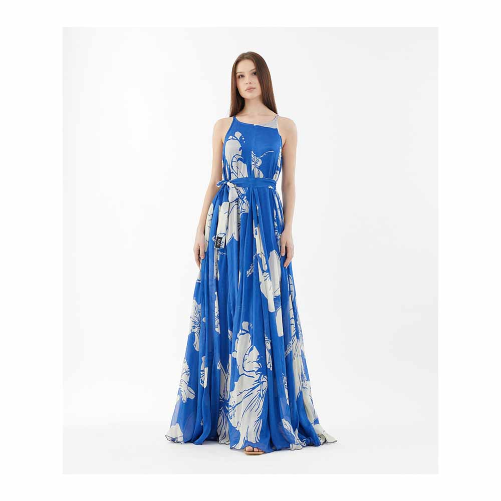 KoAi Blue and White Floral Sleeveless Long Dress