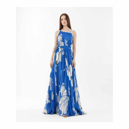 KoAi Blue and White Floral Sleeveless Long Dress