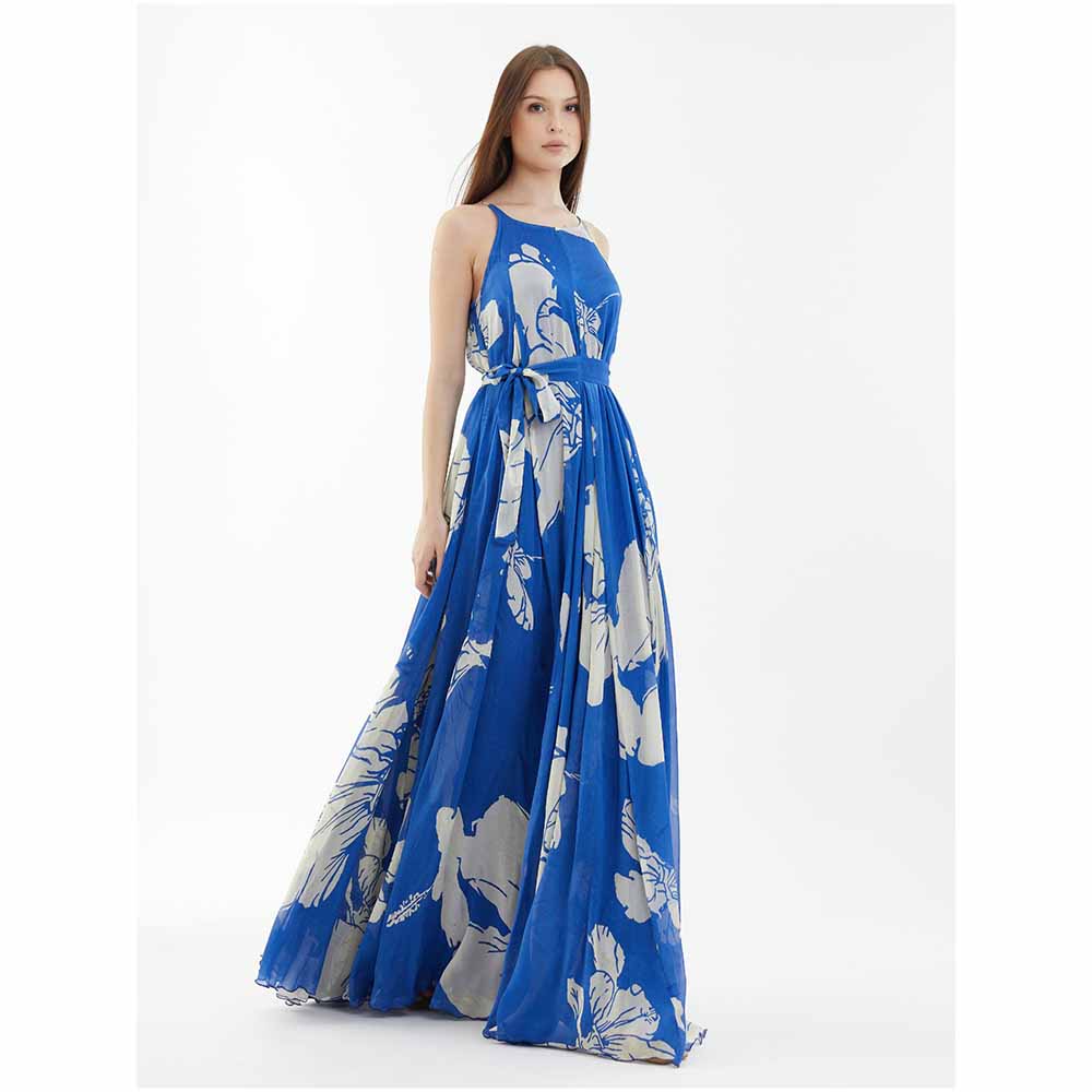 KoAi Blue and White Floral Sleeveless Long Dress