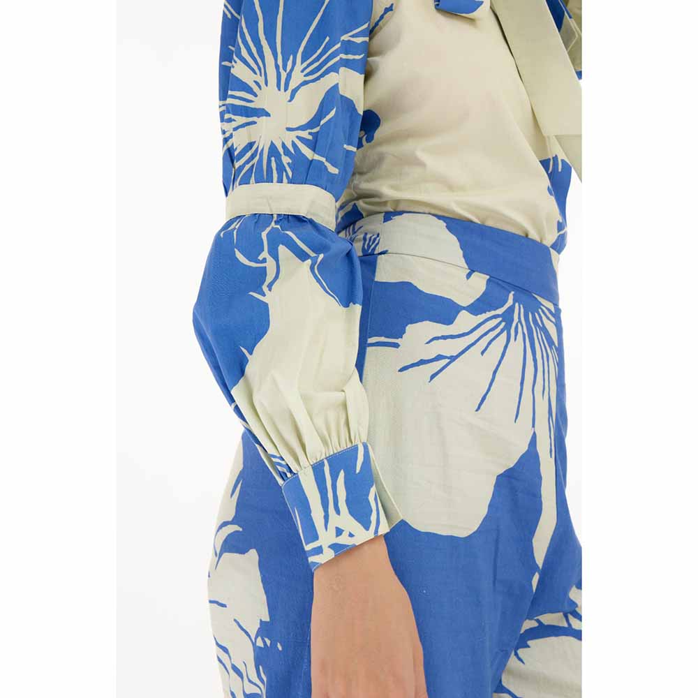 KoAi White and Blue Floral Bow Tie Shirt