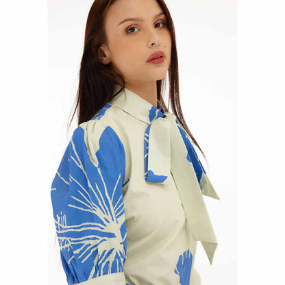 KoAi White and Blue Floral Bow Tie Shirt