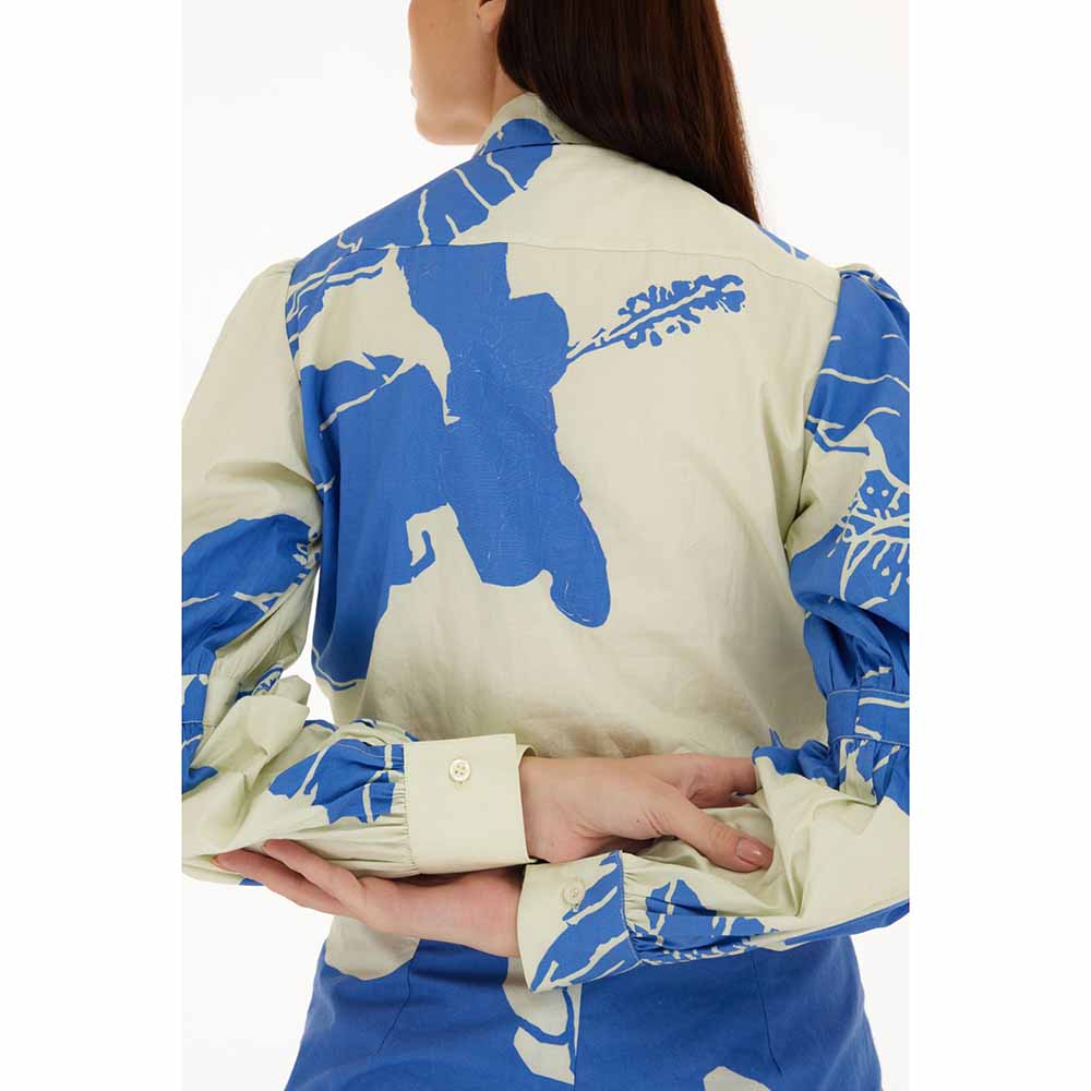 KoAi White and Blue Floral Bow Tie Shirt