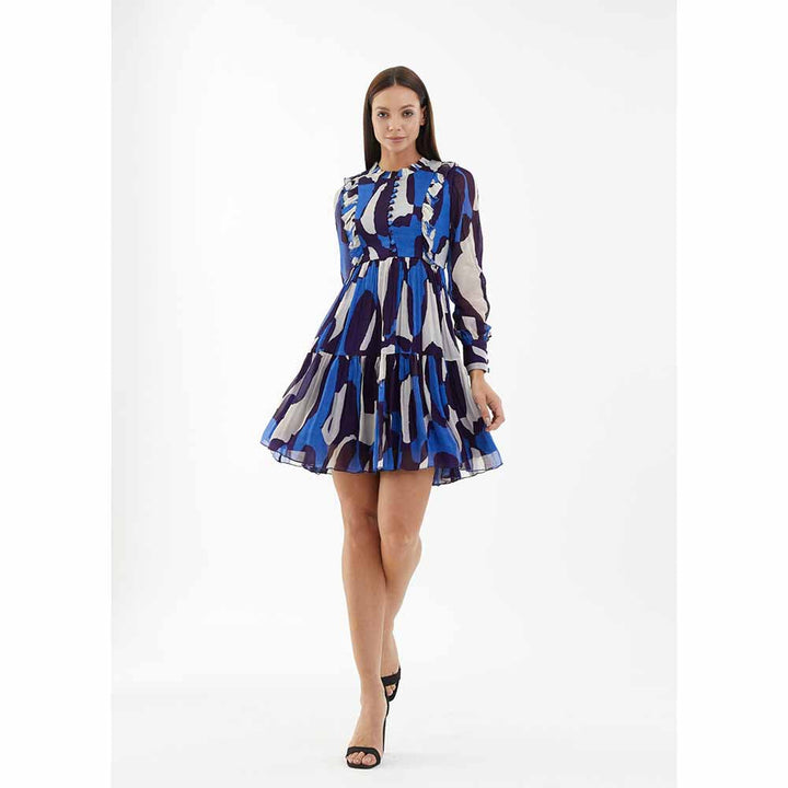 KoAi Blue and White Abstract Short Dress