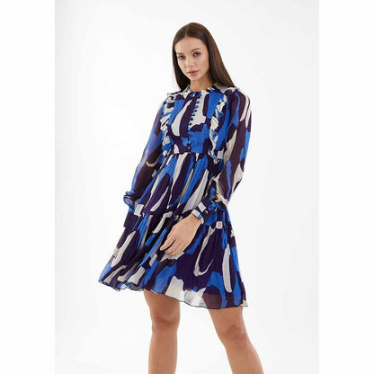 KoAi Blue and White Abstract Short Dress