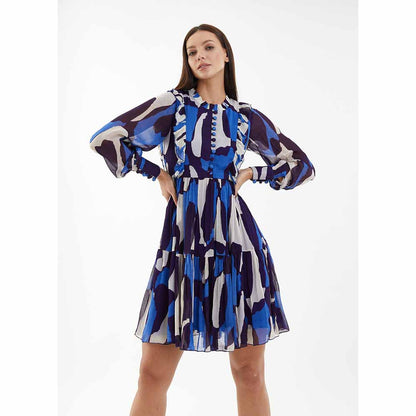 KoAi Blue and White Abstract Short Dress