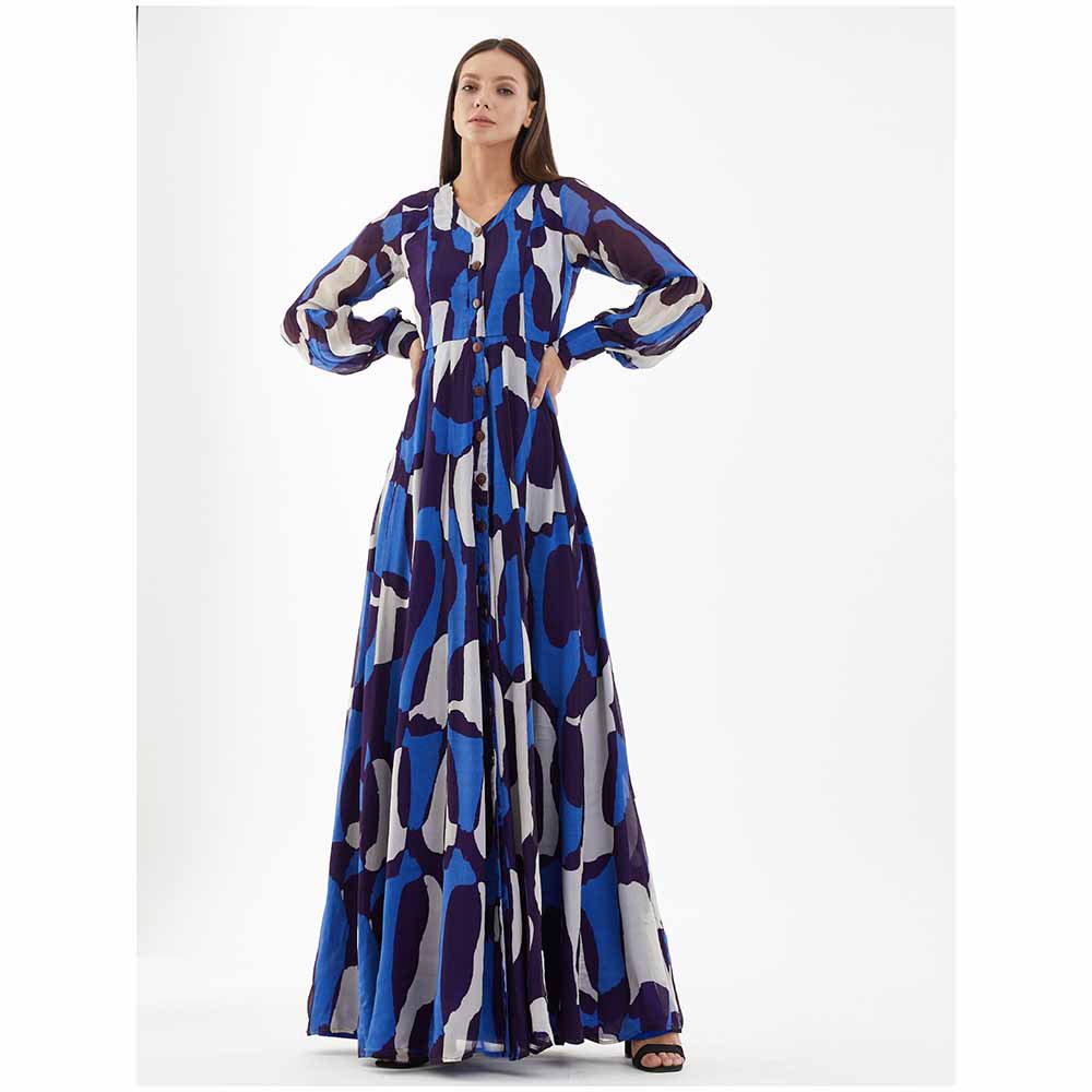 KoAi Blue and White Abstract Long Shirt Dress