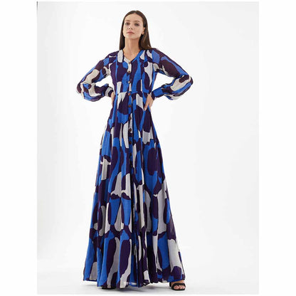 KoAi Blue and White Abstract Long Shirt Dress