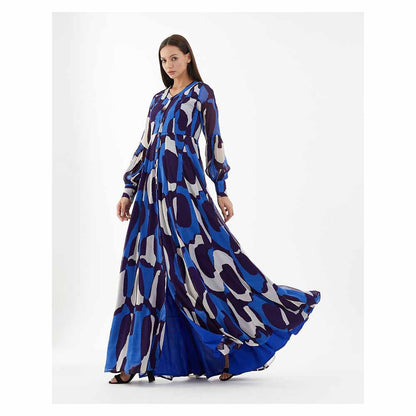 KoAi Blue and White Abstract Long Shirt Dress
