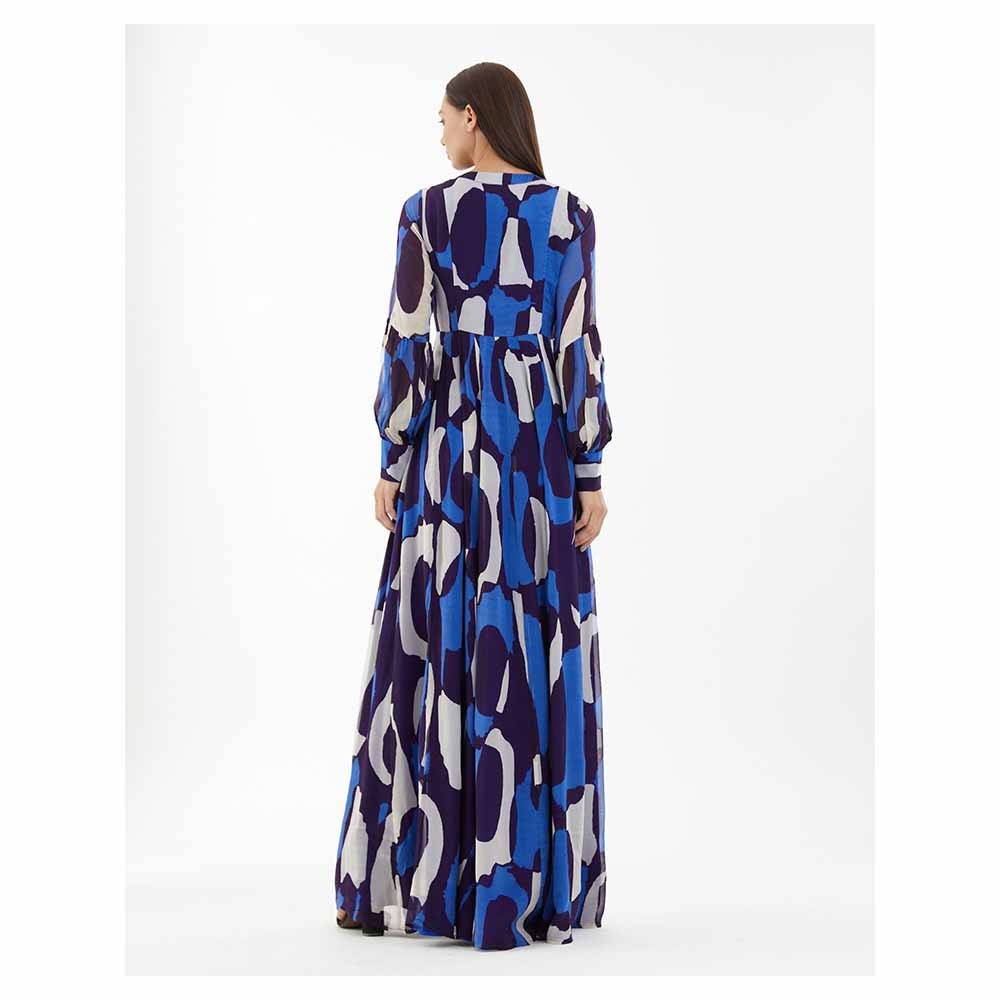 KoAi Blue and White Abstract Long Shirt Dress