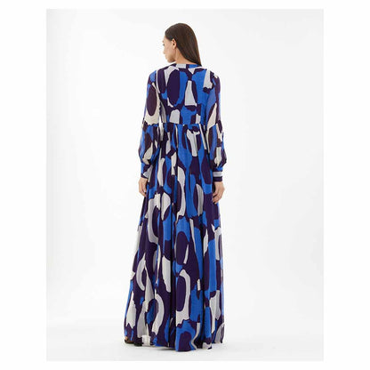 KoAi Blue and White Abstract Long Shirt Dress