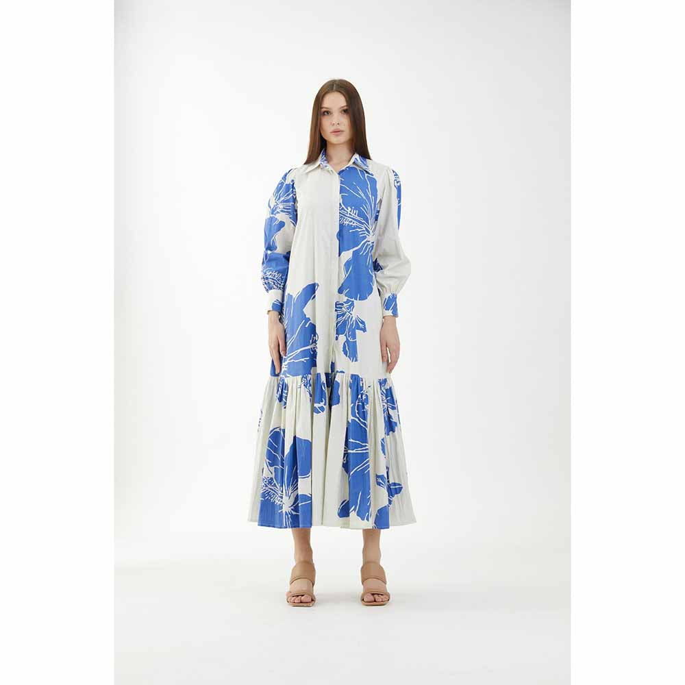 KoAi White and Blue Floral Single Tier Dress