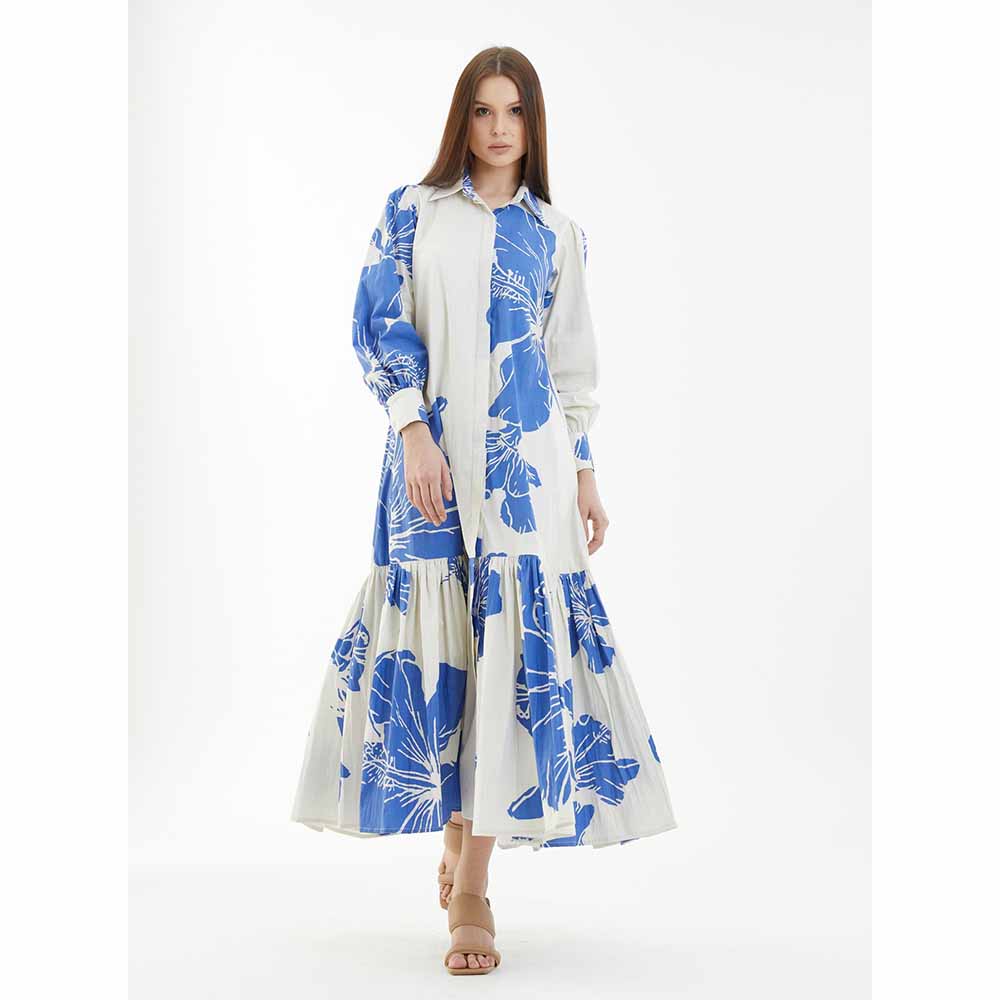 KoAi White and Blue Floral Single Tier Dress