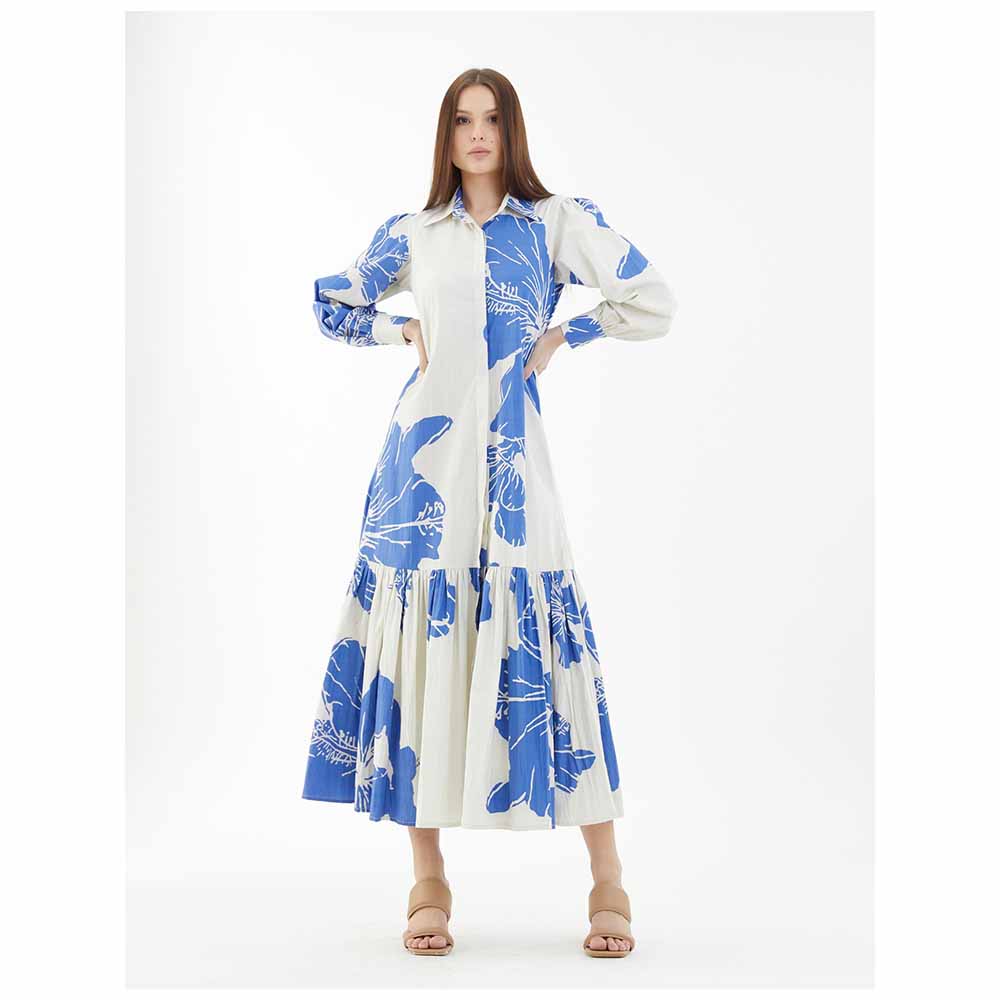 KoAi White and Blue Floral Single Tier Dress
