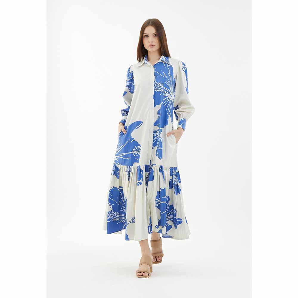 KoAi White and Blue Floral Single Tier Dress