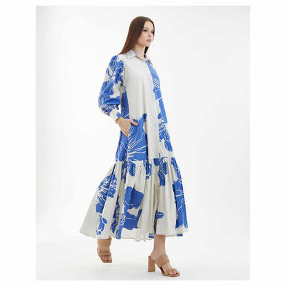 KoAi White and Blue Floral Single Tier Dress