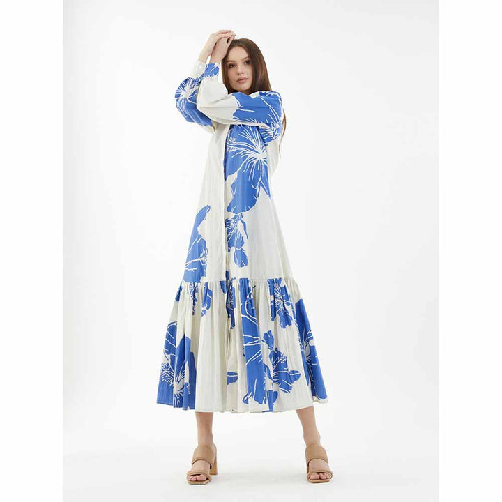 KoAi White and Blue Floral Single Tier Dress