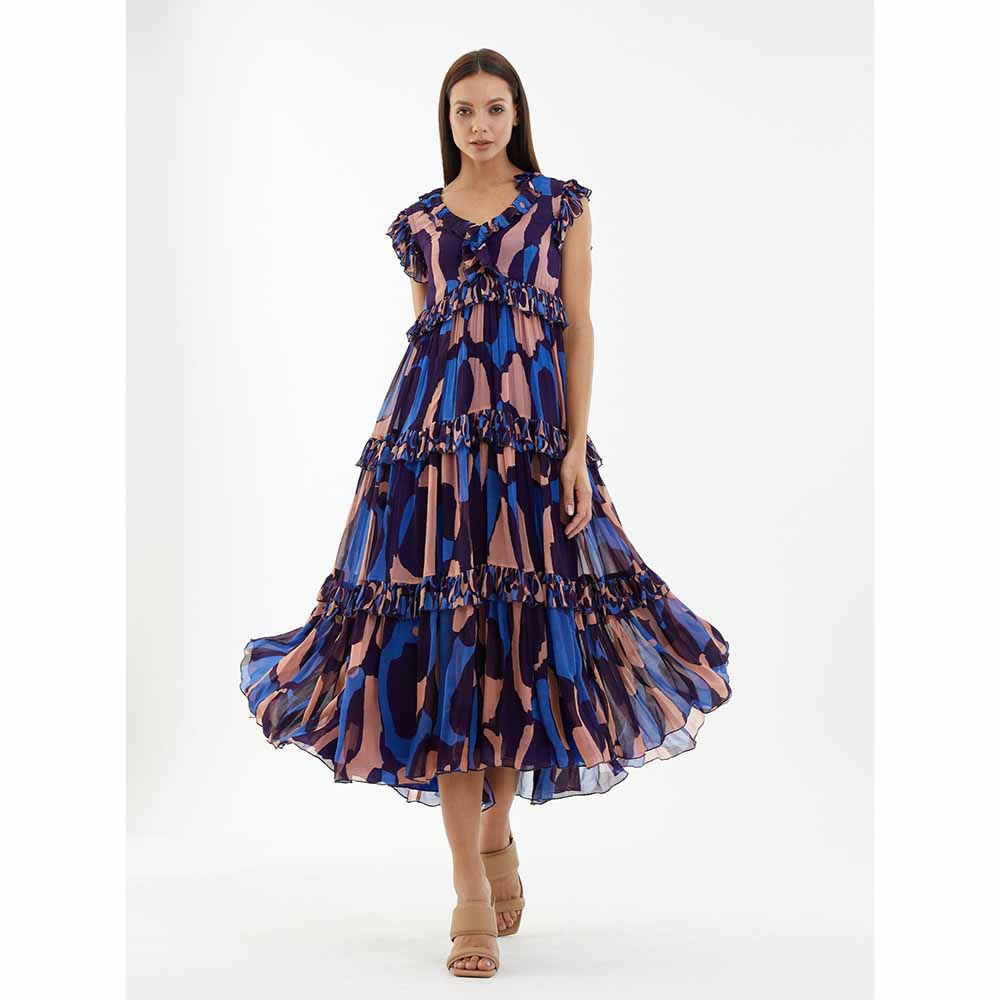 KoAi Blue, Orange and Indigo Cap Sleeves Dress