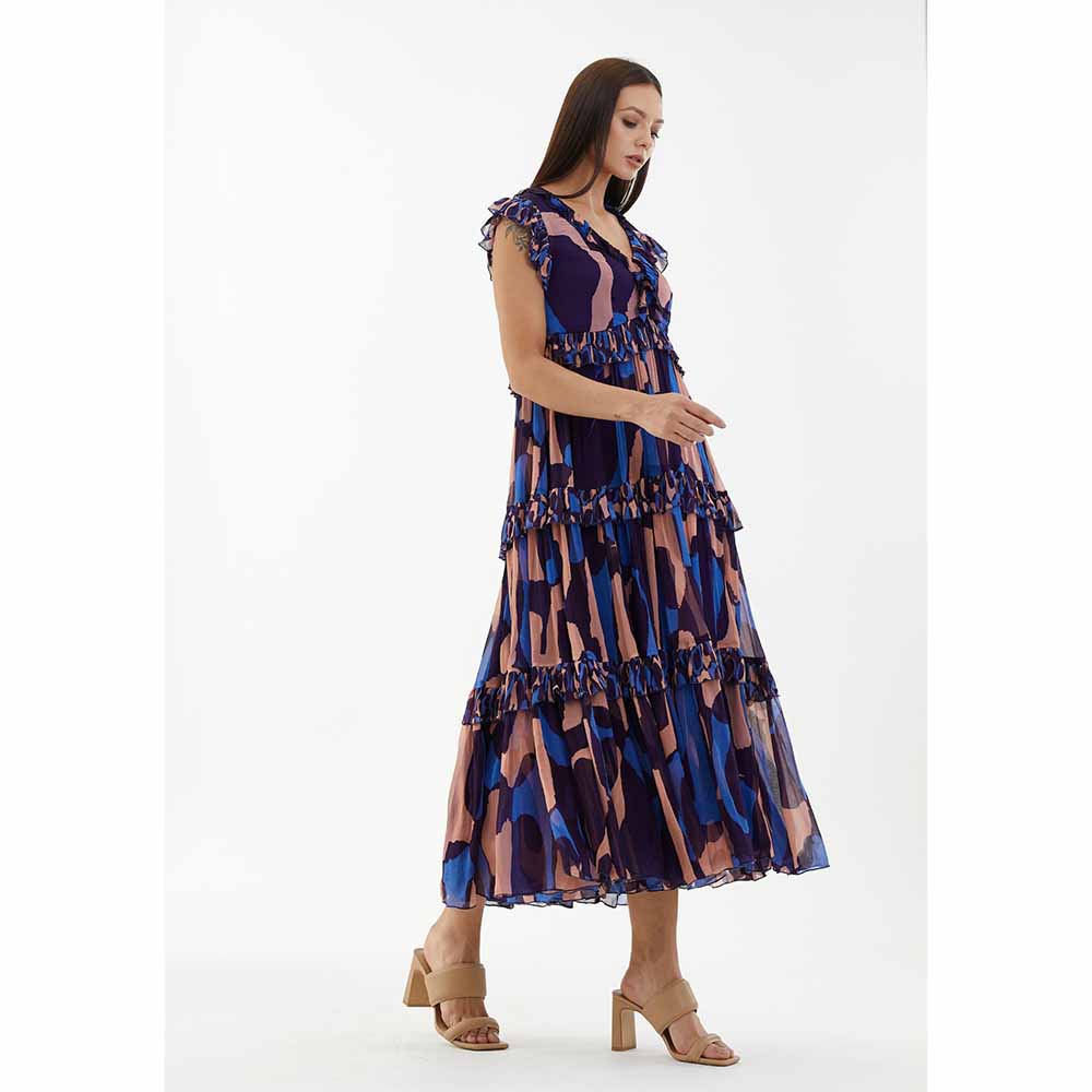 KoAi Blue, Orange and Indigo Cap Sleeves Dress