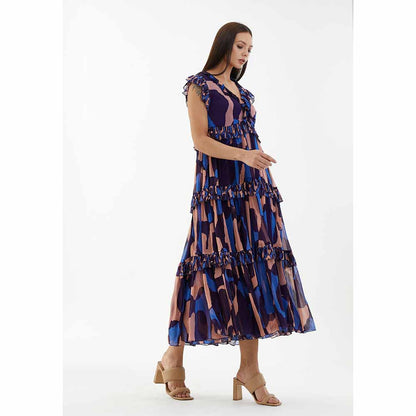 KoAi Blue, Orange and Indigo Cap Sleeves Dress