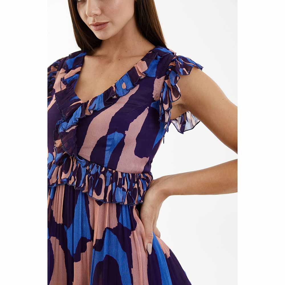 KoAi Blue, Orange and Indigo Cap Sleeves Dress