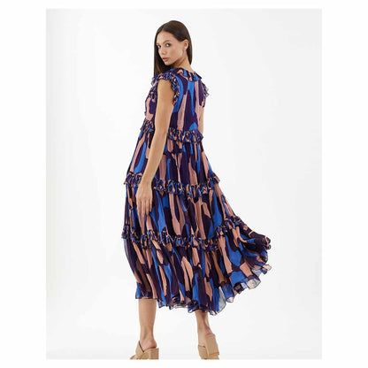 KoAi Blue, Orange and Indigo Cap Sleeves Dress