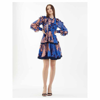 KoAi Blue and Orange Floral Short Dress