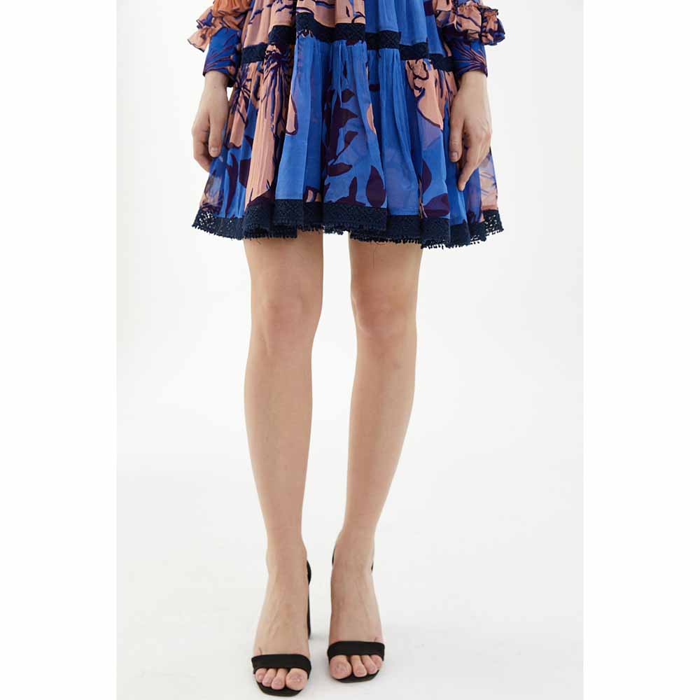 KoAi Blue and Orange Floral Short Dress