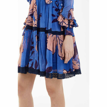 KoAi Blue and Orange Floral Short Dress