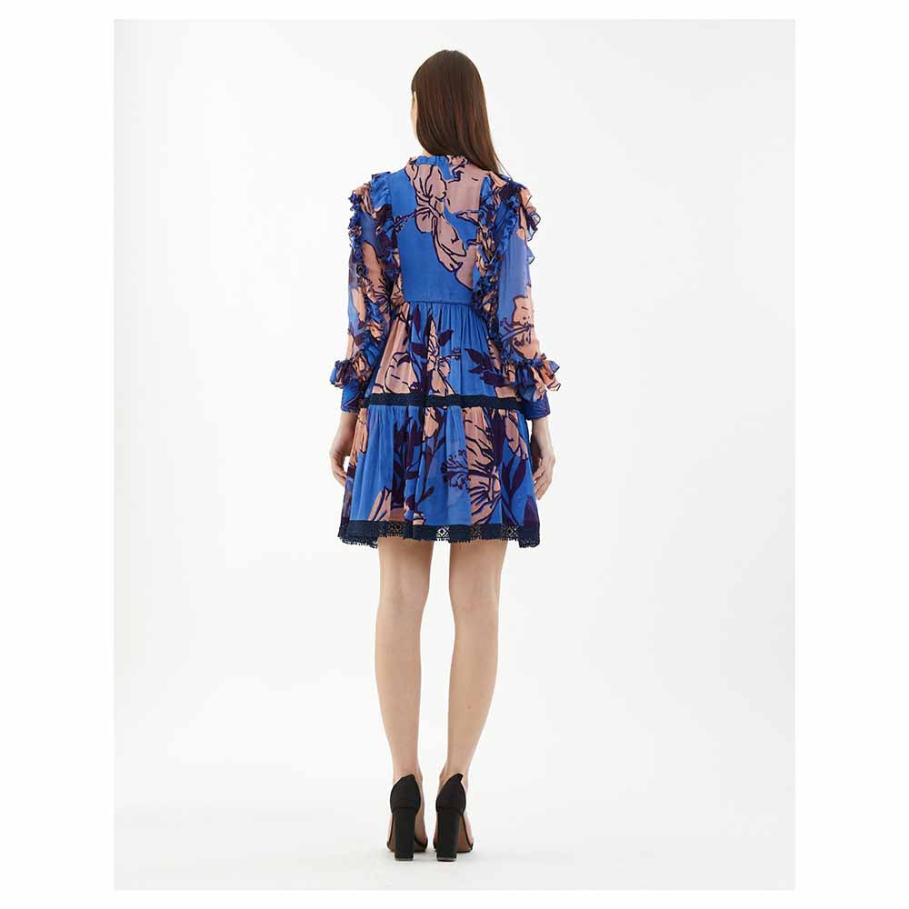 KoAi Blue and Orange Floral Short Dress